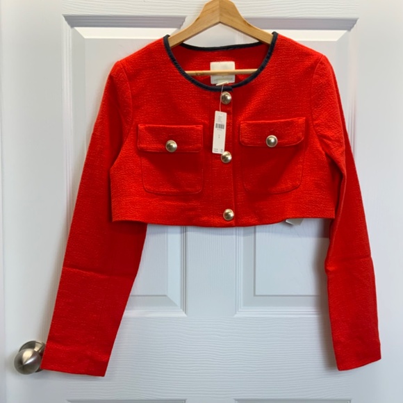 Anthropologie Red Maeve Cropped Shrunken Tweed Jacket Blazer - Picture 6 of 16